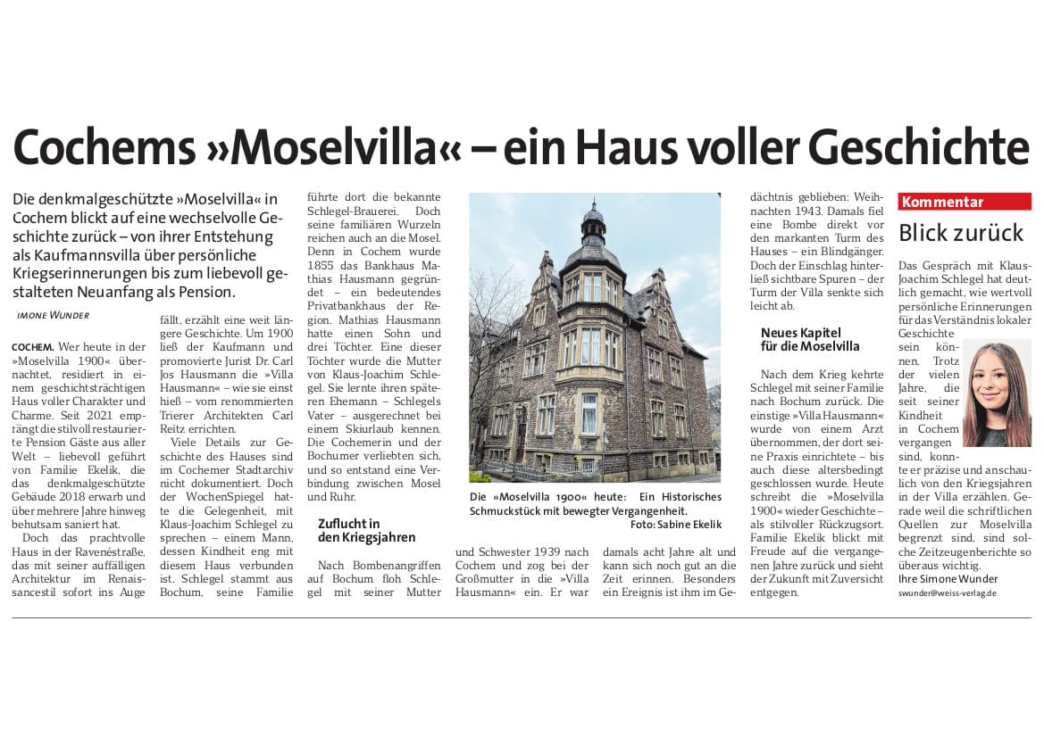 WochenSpiegel newspaper article from May 21, 2025: Cochem's Moselvilla - a house full of history